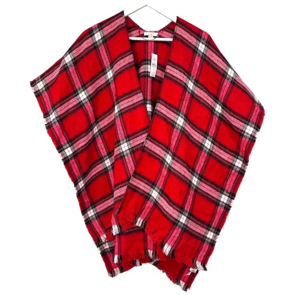 LOFT Red Plaid Fringe Shawl Size XS/S NWT